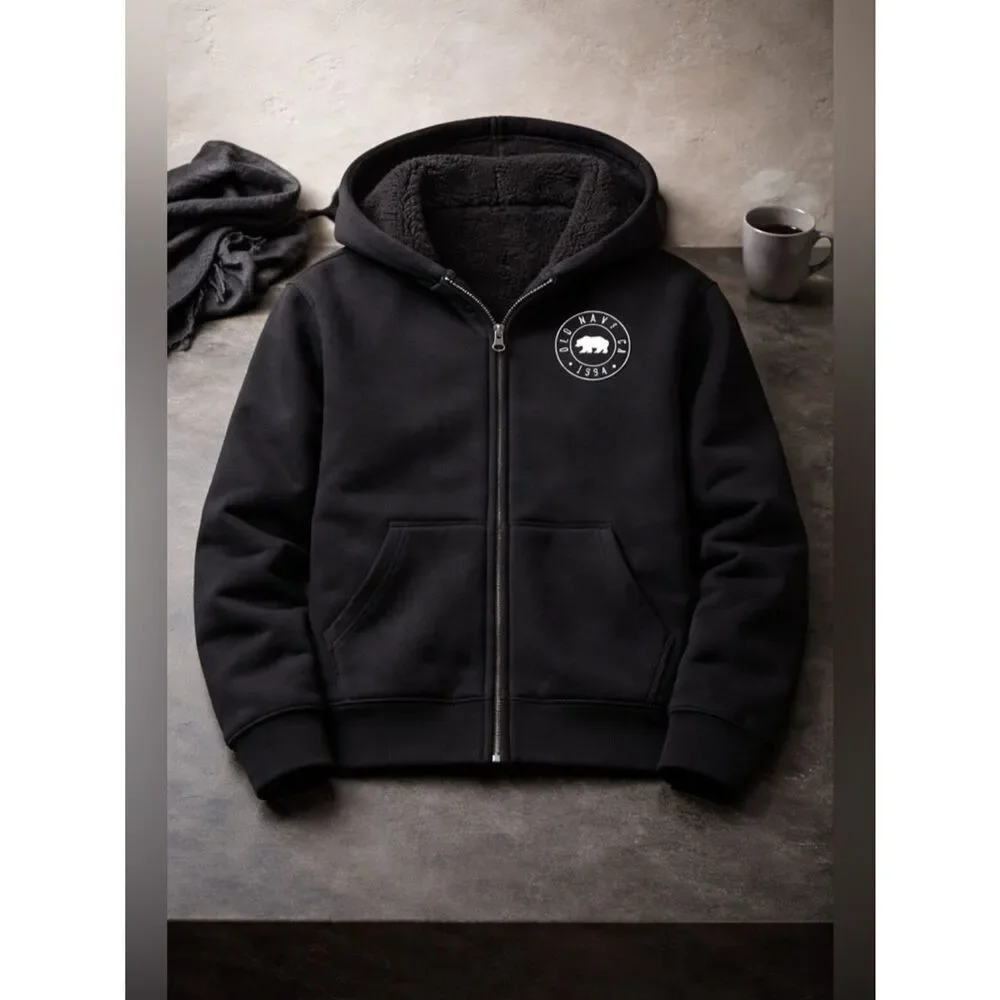 EUC Old Navy Child Kids Black Full Zip Hoodie Sherpa Lined Logo Jacket. - Size M